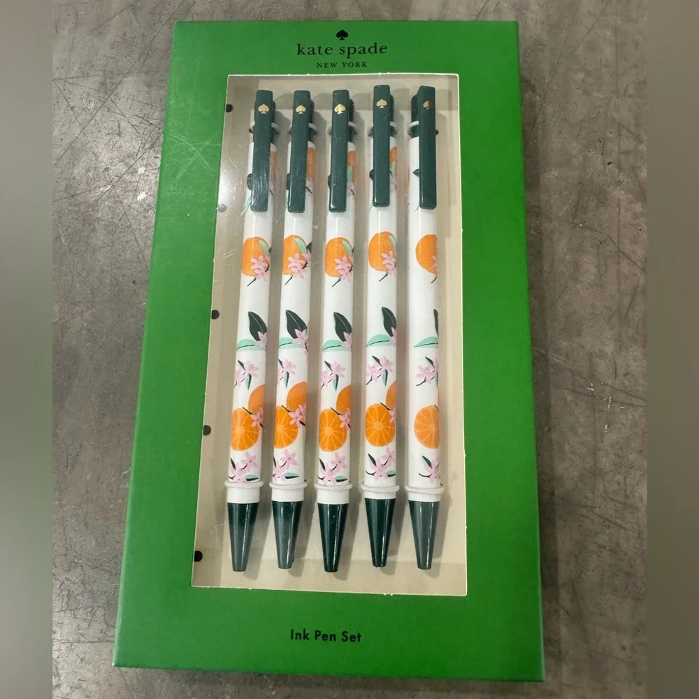 Kate Spade citrus Ink Pen Set of 5  w/ trio of Pink,Blue &green printed Notepads